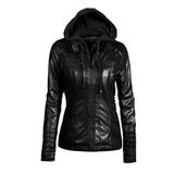 Women's Faux Leather Hooded Jacket Zippered Hoodie Short Slim Motorcycle Jacket Coat