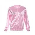 Cocloth Women Shiny Long Sleeve pink Metallic Letter Print jacket Slim Fit Zip Up Show Coat