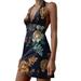 Besufy Sexy Women's Dress Sleeveless Backless Floral Print Deep V Neck Halter Backless Mini Dress