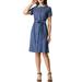 Allegra K Junior's Short Sleeve Peter Pan Collar Belted Shift Denim Shirt Dress