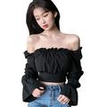 HOT SALE!Oaktree-Women's Blouse Tops Square Neck Long Sleeve Shirred Blouse Tops Puff Sleeve Shirred Blouse Crop Top