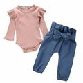 Ptantonss 2Pcs Baby Girl Sets Autumn Long Sleeve Solid Romper Tops Denim Trousers Outfits Clothes Adorable Girl Romper Sets