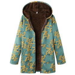 Women Jacket Teddy Coat Winter Women Windbreaker Floral Print Warm Outwear Hooded Pockets Vintage Coats Plus Size
