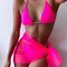 Women Fluorescence Solid Color 3Pcs Bikini Set, Split Style Halter Bra with Thong Briefs and Tulle Beach Scarf for Vacation