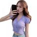 Women's Short Tops Knitted Fashion Retro V-neck Button Short Section Exposed Navel Knitted Short Sleeved Cardigan T-Shirt,Purple