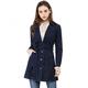 Allegra K Women's Notched Lapel Belted Trench Long Jean Denim Jacket Dark Blue 28