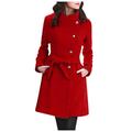 TUDUZ Sale Women Artificial Wool Parka Coat Ladies Winter Warm Single Breasted Trench Jacket Long Sleeve Lapel Outwear with Belt (Red,L=UK(10))