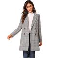 Allegra K Women's Double Breasted Notched Lapel Plaid Trench Blazer Coat White Black 20