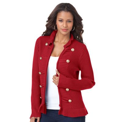Plus Size Women's Plus Size Military-Inspired Ribbed Cardigan Sweater by Roaman's in Classic Red (Size M)