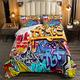 Hippie Graffiti Duvet Colorful Graffiti Art Printed Duvet Insert for Kids Boys Teens Hip Hop Down Comforter Street Hipster Duvet Set Double Size