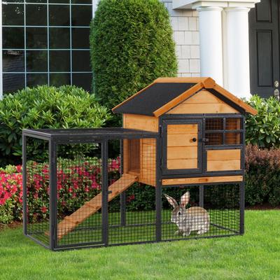 PawHut 2-Level Rabbit Hutch with Openable Hinged Asphalt Roof, Removable Tray for Backyard
