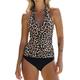 Beachsissi Women Halter Neck Swimwear Ruffles Leopard Print Bathing Suits Tummy Control Two Piece Tankini Sets, Leopard, L