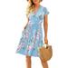 Listenwind Women's Sexy Boho Beach Dress Floral Wrap V Neck Loose Casual Summer Mini Flowy Skater Sun Dress with Pockets