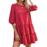 HUBERY Women Heart Printed Ruffled Hem Back Keyhole Crew Neck 3/4 Sleeves Mini Dress