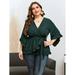 Women's Plus Size Solid Self Tie Ruffle Trim Wrap Blouse