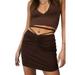 Women Drawstring Ruched A-line Mini Skirt High Waist Wrap Tie Front Bodycon Ribbed Skirt