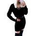 AngelBee Women Autumn Dress V Neck Lace Trim Slim Tunic Mini Dresses (Black 2XL)