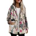 Alloet Flower Women Hooded Coat Long Sleeve Button Fleece Loose Jacket