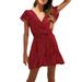 Women's Printed Bohemian Ruffle Polka Dot Short-sleeved V-neck A-line Mini Elegant Dresses Casual Dress Red S