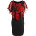 Fashion Womens Casual Plus Size Rose Print Chiffon O-Neck Ruffles Mini Dress