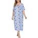 Ame Women's Plus Size Long Print Sleepshirt Nightgown, Spring Ladies Short Sleeve Printed Floral Nightdress Casual Long Dress