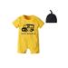 Loalirando Baby Summer Romper Yellow Cart Printed Jumpsuit Solid Black Hat Set