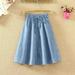 Fashion Women Skirt Vintage Retro High Waist Pleated Midi Skirt Denim Single Breasted Skirt