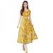 Wisremt Long Summer Floral Dress Women Flower Print Casual Scoop Neck Dress Short Sleeve Office Ladies Elegant Vintage Boho Party Dress Yellow M