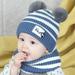 Toddler Baby Knited Hat and Scarf Set Fleece Lined Beanie Cap for Kids Winter Gift,Blue and white Striped