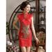 Seyurigaoka Women's Vintage Cheongsam, Gorgeous Phoenix Print Short Sleeve Stand Collar V Neck Mini Dress