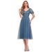 Ever-Pretty Women's V Neck Empire Waist Midi Wedding Bridesmaid Dresses with Sleeve 00479 Dusty Navy US12