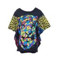 Free Size Black Multicolored Animal Face Print Wide Sleeve Shirt Top