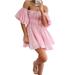 UKAP Summer Casual Boho Sundress For Women Pure Color Ruffle Puff Sleeve Beach Comfy Party Mini Dress