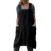 UKAP Casual Beach Kaftan for Women Vintage Fashion Pockets A Line Pinafore Cotton Linen Overall Apron Dress Black M(US 6-8)