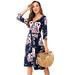 NHT&WT Womens 3/4 Sleeve V Neck Casual Faux Wrap Party Midi Dress with Pockets