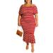 Niuer Women Plus Size Off Shoulder Ruffle Bodycon Long Dress Summer Beach Boho Stripe Sundress Mermaid Evening Party Maxi Dress