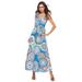 Print Summer Dress Sexy V Neck Bow Bandage Waist Slim Dresses Sleeveless Summer Women Long Elegant Dress Fit And Flare Vestidos blue M