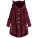 Women Jacket Side Buckle Fluffy Hem Coat Hooded Loose Warm Pullover Sweater Cute Ear Hooded Coat Wine Red L