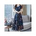 Womenâ€™s Ruffle Long Dress Short Sleeves Floral Round Neck Loose Pleated Casual Party Dresses