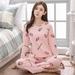 Womens Cute Spring Fall Long Sleeve Pajamas Set, Cat/Strawberry Print Round Neck Pjs Sets, Loungewear Sleepwear Sets, Pink, XXL