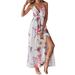 Sexy Split Floral Print Backless Wrap Maxi Casual Flowy Beach Dress Wedding Guest Bridal Shower Guest Lace-Up Maxi Dress Engagement Vacation Dress Prom Formal Evening Dress, WD-XY21512, White, M