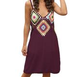 Besufy Women Dress Crochet Spaghetti Strap Summer Patchwork V Neck Beach Cover-ups