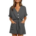 Womens V-Neck Button Rompers Knot Tie Short Sleeve Loose Playsuit Jumpsuit With Pockets