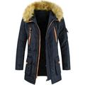 Men Winter Windproof Hooded Faux Fur Collar Pocket Parka Fleece Coat Button Outerwear