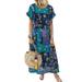 MAWCLOS Womens Long Maxi Dresses Summer Casual Boho U Neck Short Sleeve Vintage Patchwork A Line Tunic Dress S-3XL 111 Blue L