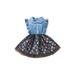 Children Floral Print Denim Dress with Ruffles, Girls Sleeveless Lapel Neck High Waist Mesh Sundress