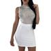 Womens Sexy Sleeveless O-Neck Sequin Perspective Mesh BodyCon Mini Dress