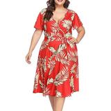 Avamo Women's Plus Size Floral Print Wrap-Front V-Neck Dress Summer Beach Vacation Mini Dress Sexy V Neck Sundress with Belt