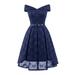 Women Lace Skater Dress Off the Shoulder Bow Pleated A-Line Bridesmaid Evening Party Gown Dress