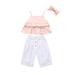 FOCUSNORM Girls Clothes Set, Ruffle Sling Top,Loose Wide Leg Pants,Bow Headband